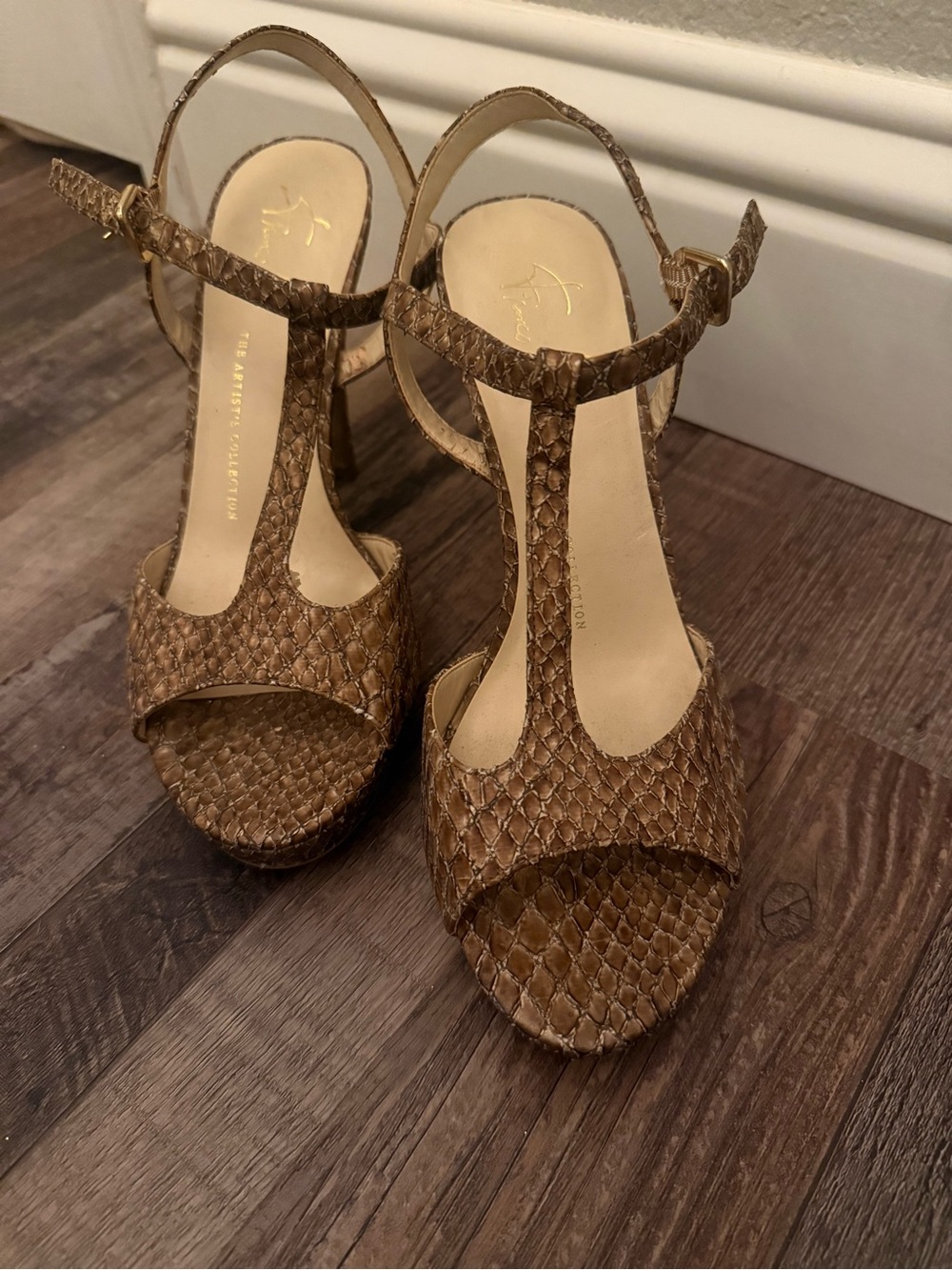 Franco Sarto-the artist collection TStrap Brown Snake-Embossed Platform Sandals